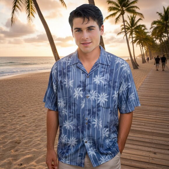 MODA CAMPIA Mens Hawaiian Aloha Luau Shirt XL Button Up Blue Palm Trees Print - Picture 1 of 6